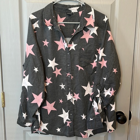 torrid Tops - Torrid Gray and Pink Star Oversized Button Down Shirt